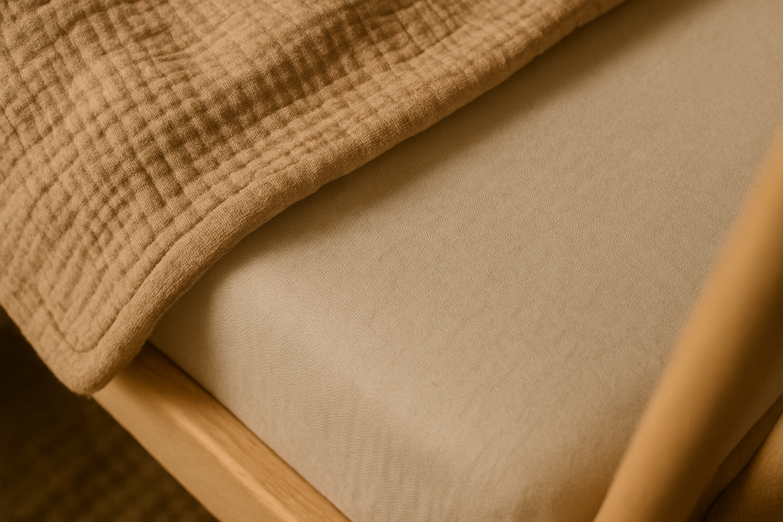 Detal muślinowego kocyka i bawełnianej pościeli w ł&oacute;żeczku dziecka