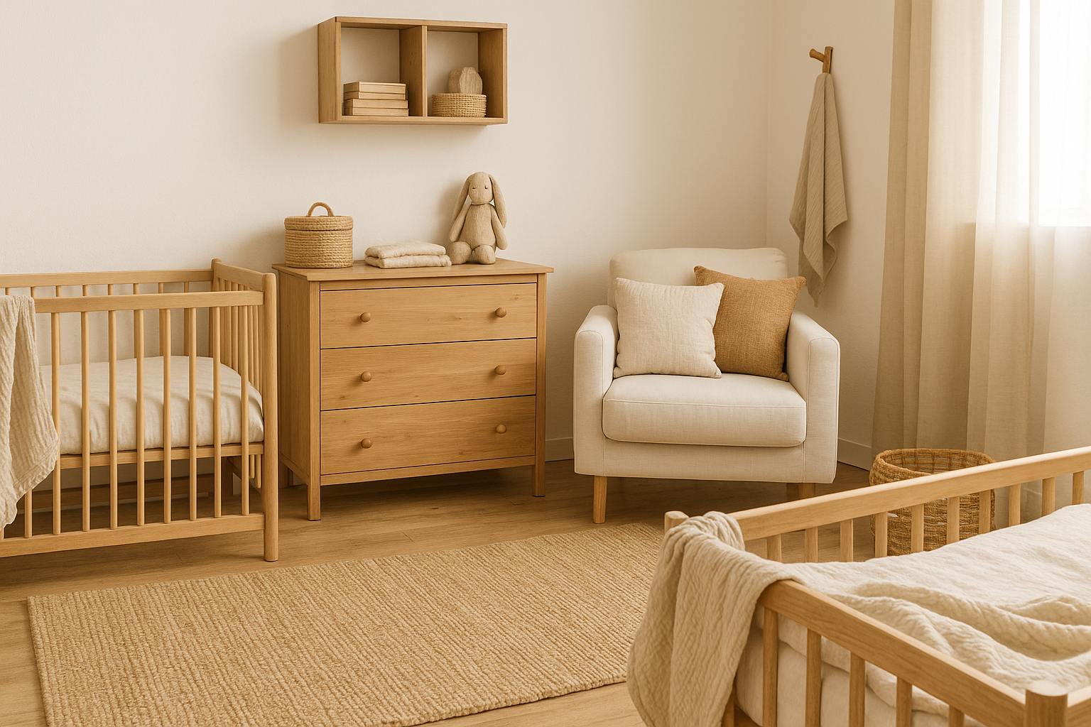 Drewniane meble i naturalne tekstylia w pokoju dziecka