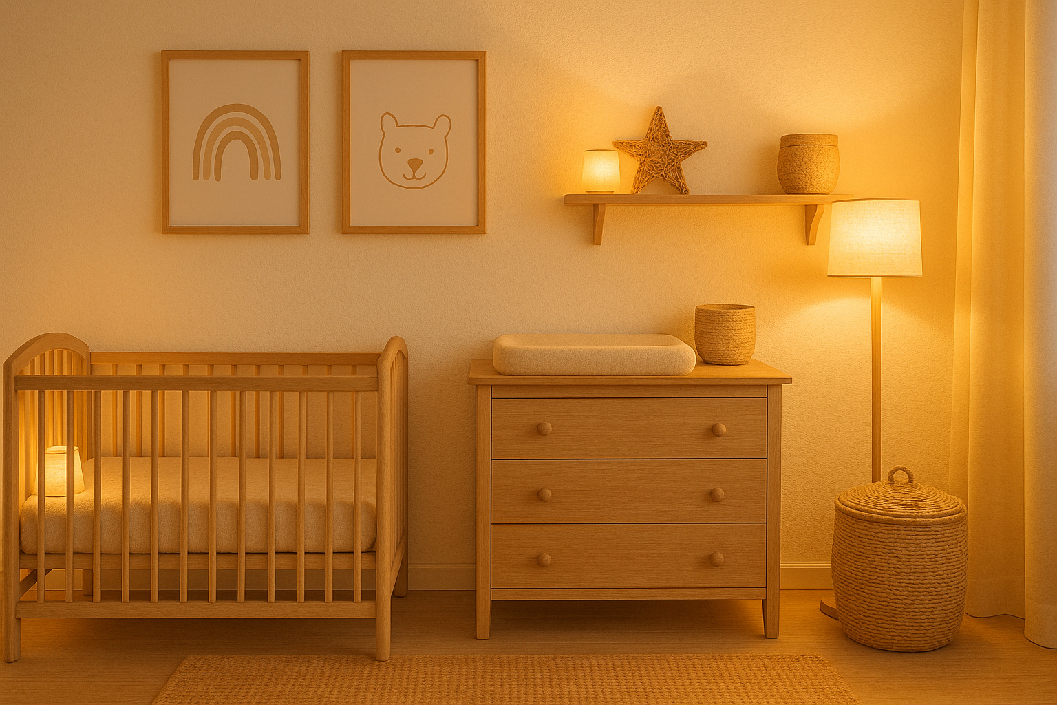 Ciepłe i jasne oświetlenie w pokoju dziecięcym w stylu skandi