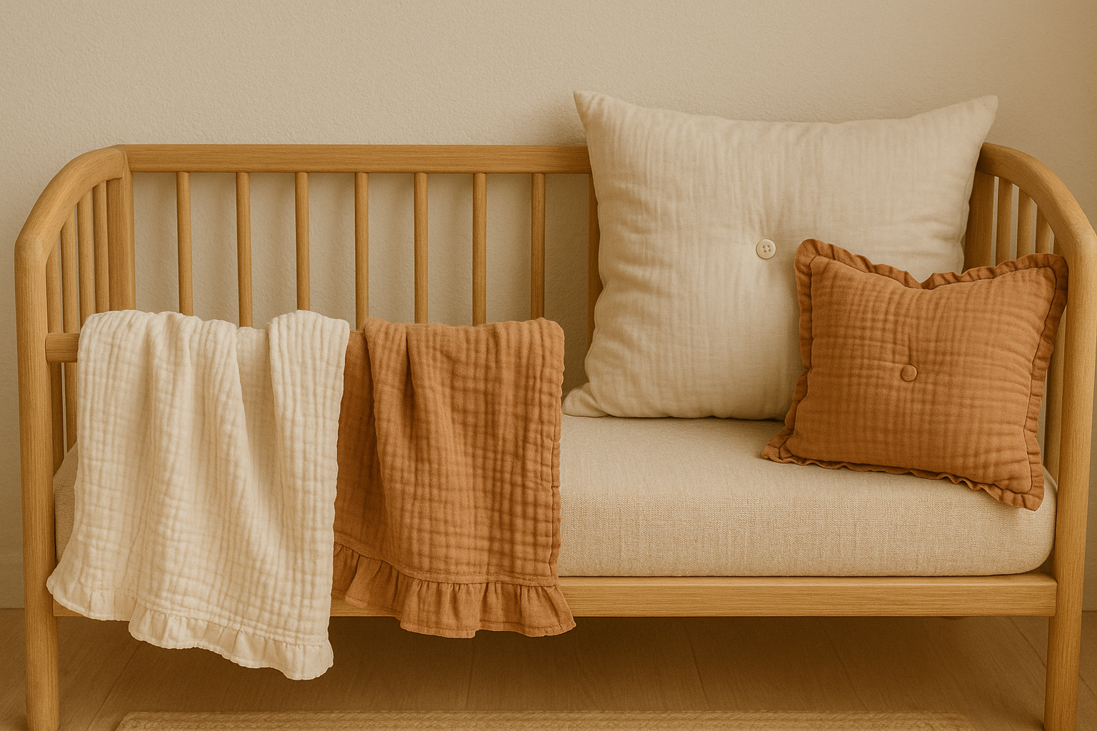 Tekstylia w stylu skandynawskim &mdash; muślinowe kocyki i poduszki