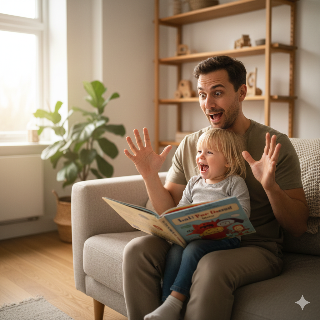 Rodzic i dziecko bawiący się gestami i mimiką podczas czytania