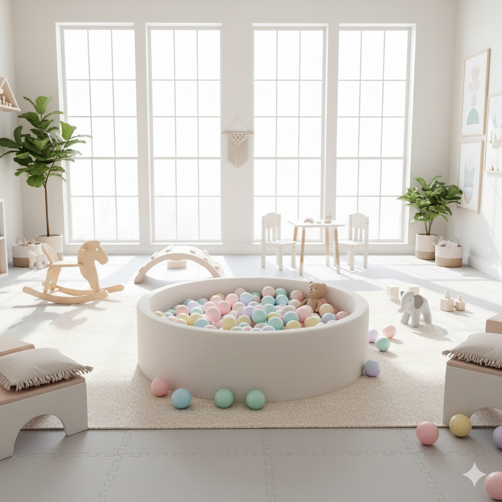 Suchy basen dla dzieci z kolorowymi piłeczkami w bezpiecznej przestrzeni do zabawy