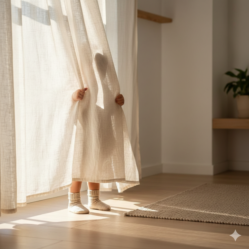 Dziecko chowające się za zasłoną podczas zabawy