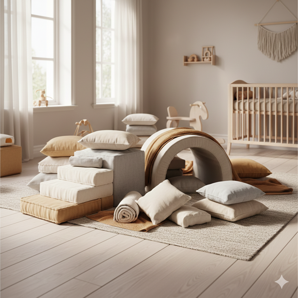 Tor przeszk&oacute;d z poduszek przygotowany w pokoju dziecka