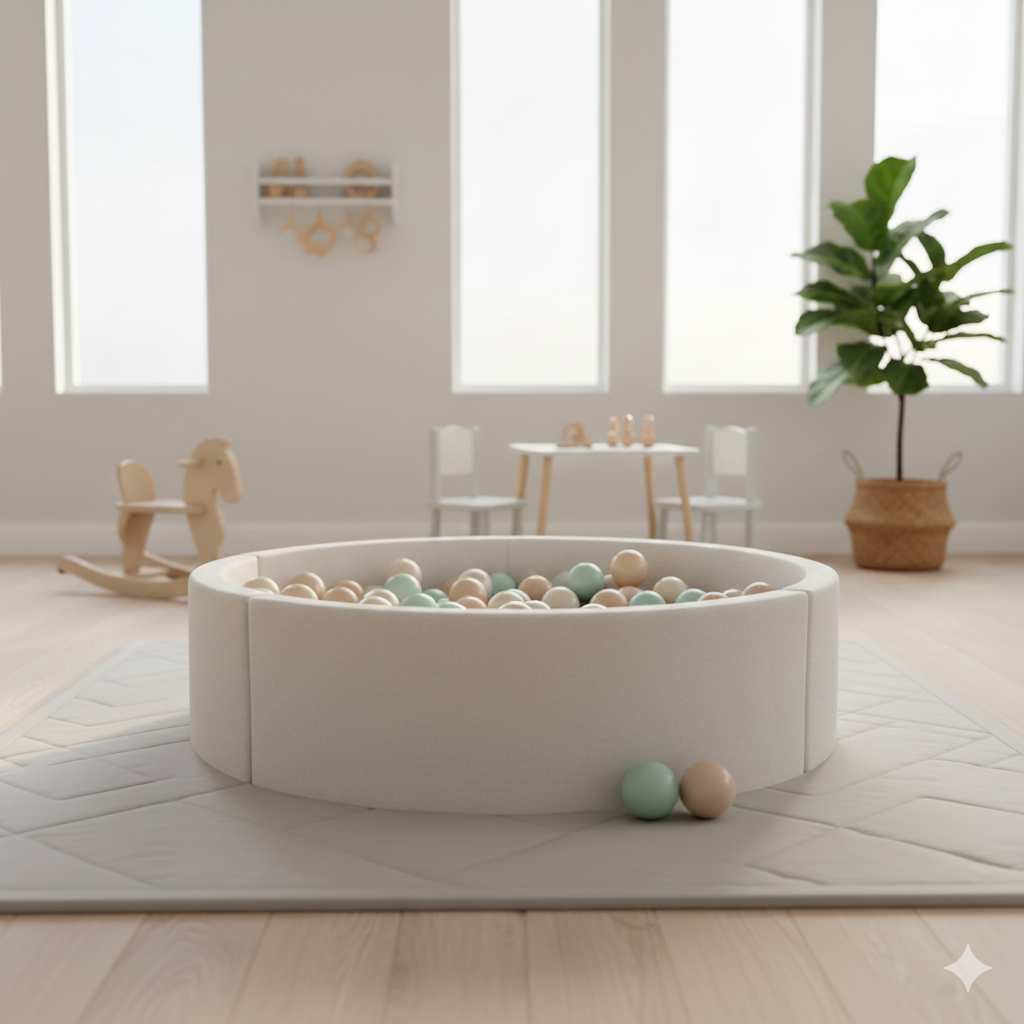 Suchy basen z piłeczkami w stonowanej kolorystyce ziemi