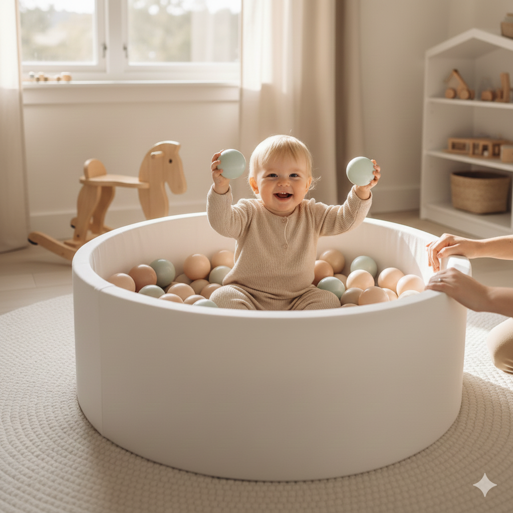 Rodzic nadzorujący zabawę dziecka w suchym basenie