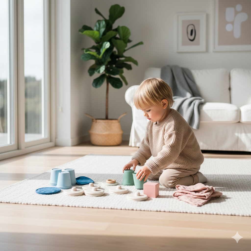 Dziecko segregujące bezpieczne domowe przedmioty według kolor&oacute;w