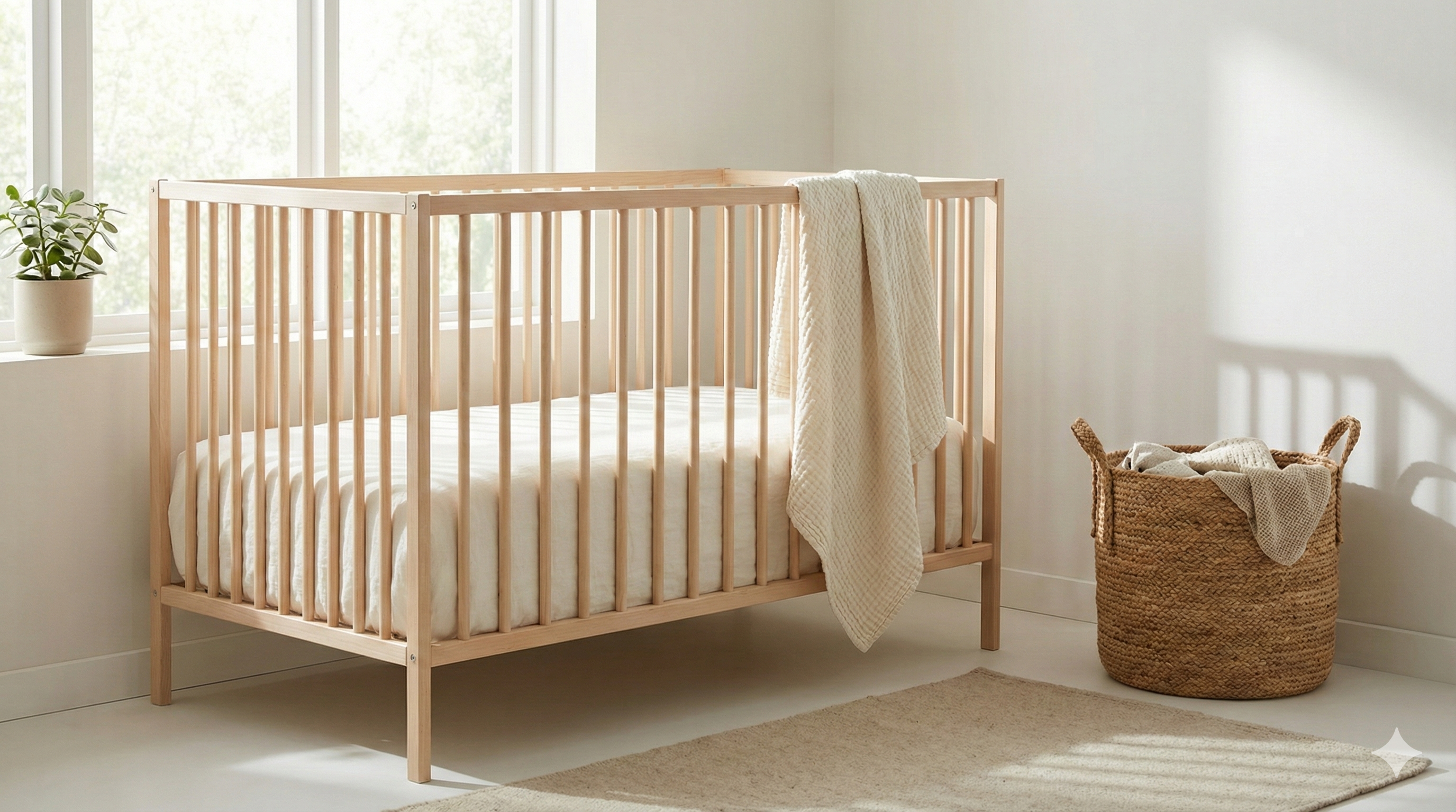 Ł&oacute;żeczko niemowlęce w jasnym pokoju dziecięcym