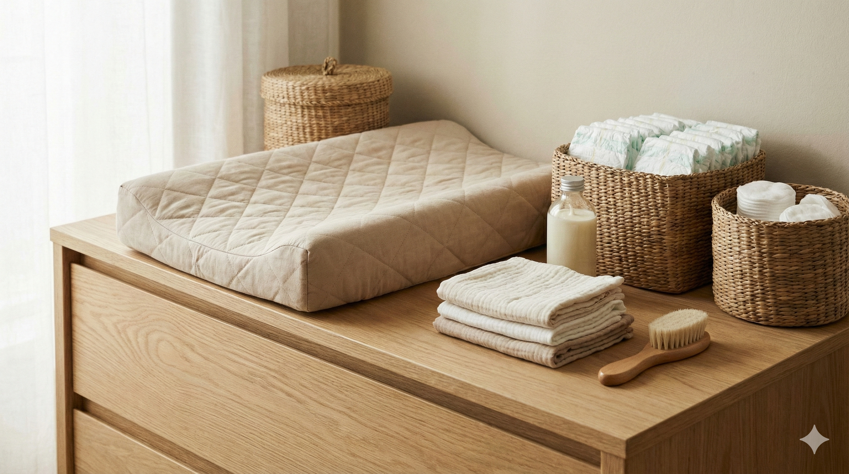 Przewijak z akcesoriami pielęgnacyjnymi w pokoju niemowlaka