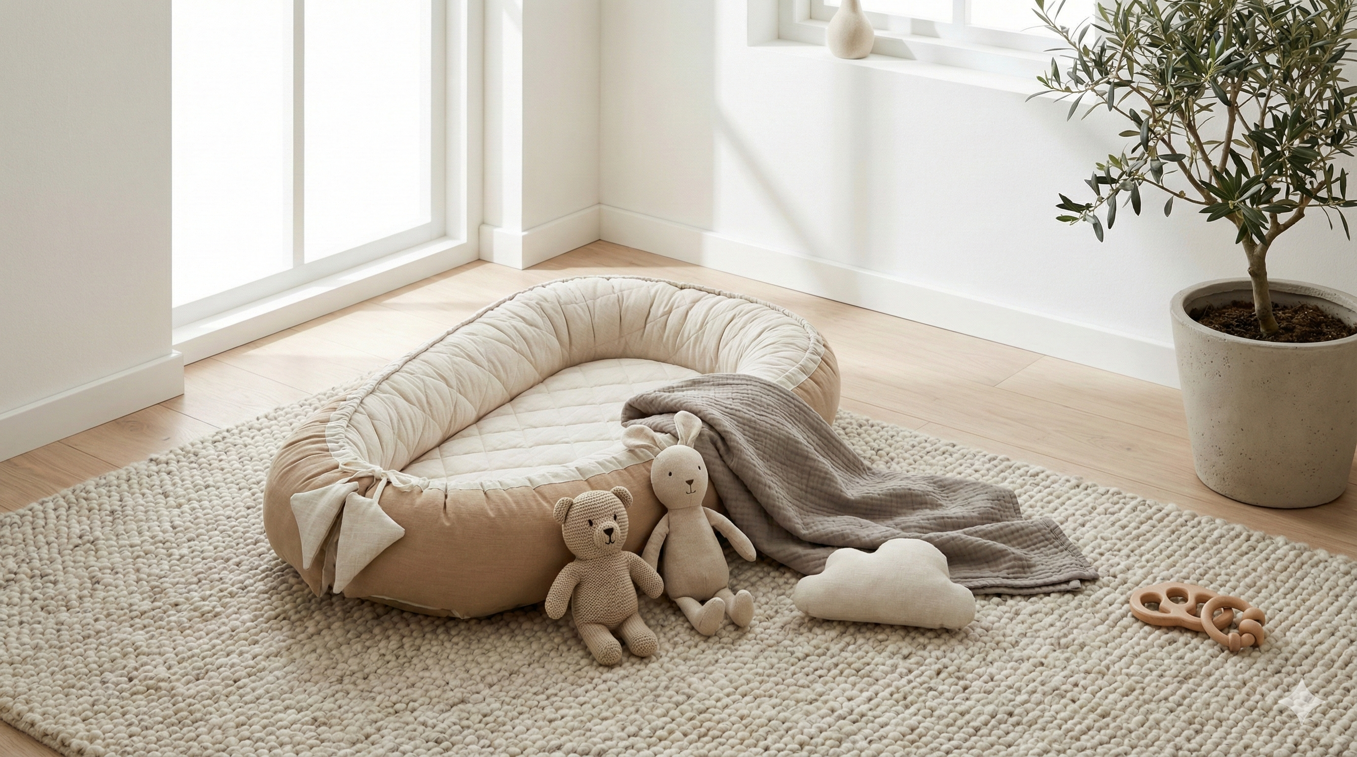Strefa relaksu w pokoju niemowlaka z kokonem i przytulankami