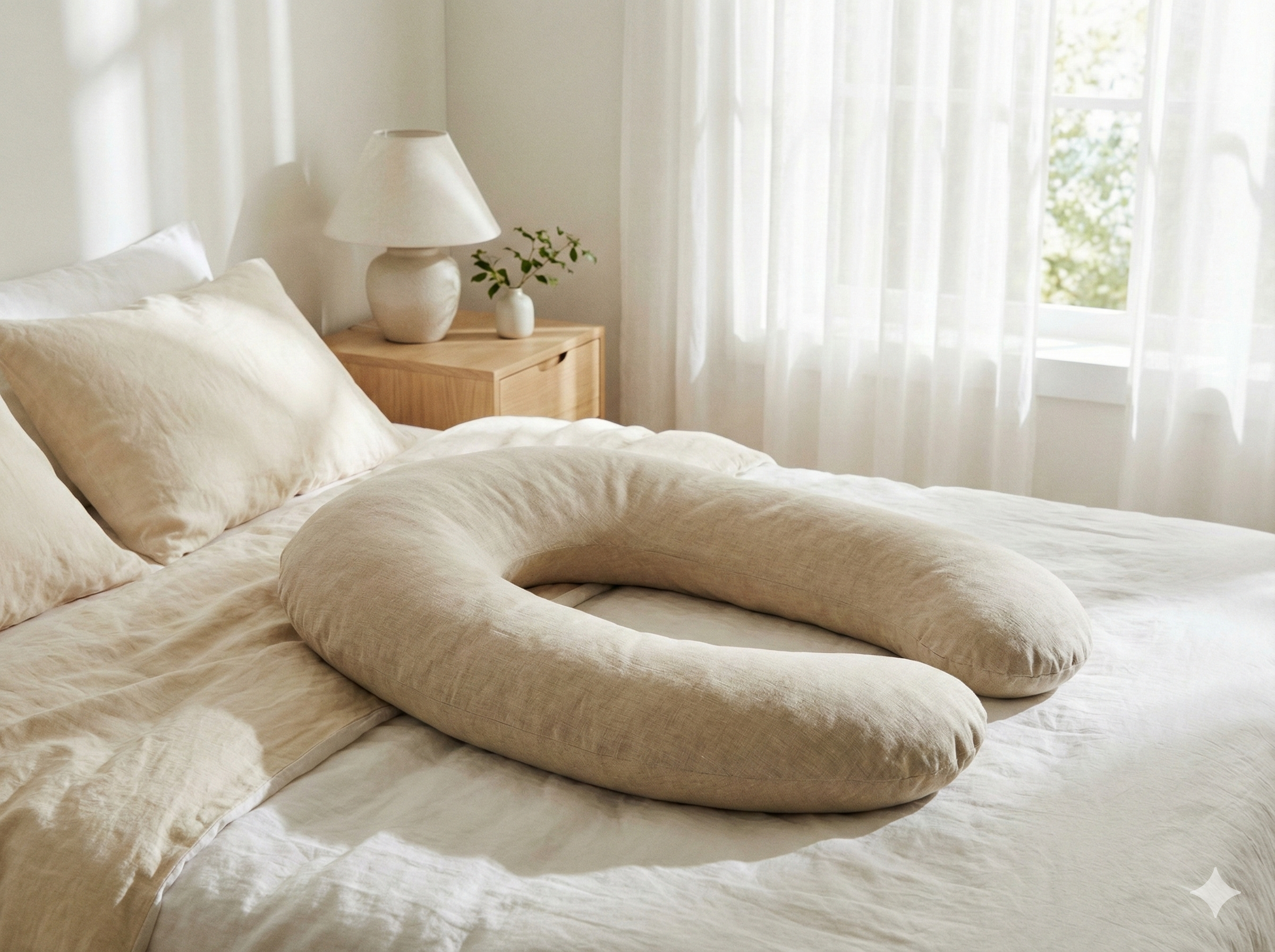 Poduszka ciążowa w kształcie litery C ułożona na ł&oacute;żku w jasnej sypialni