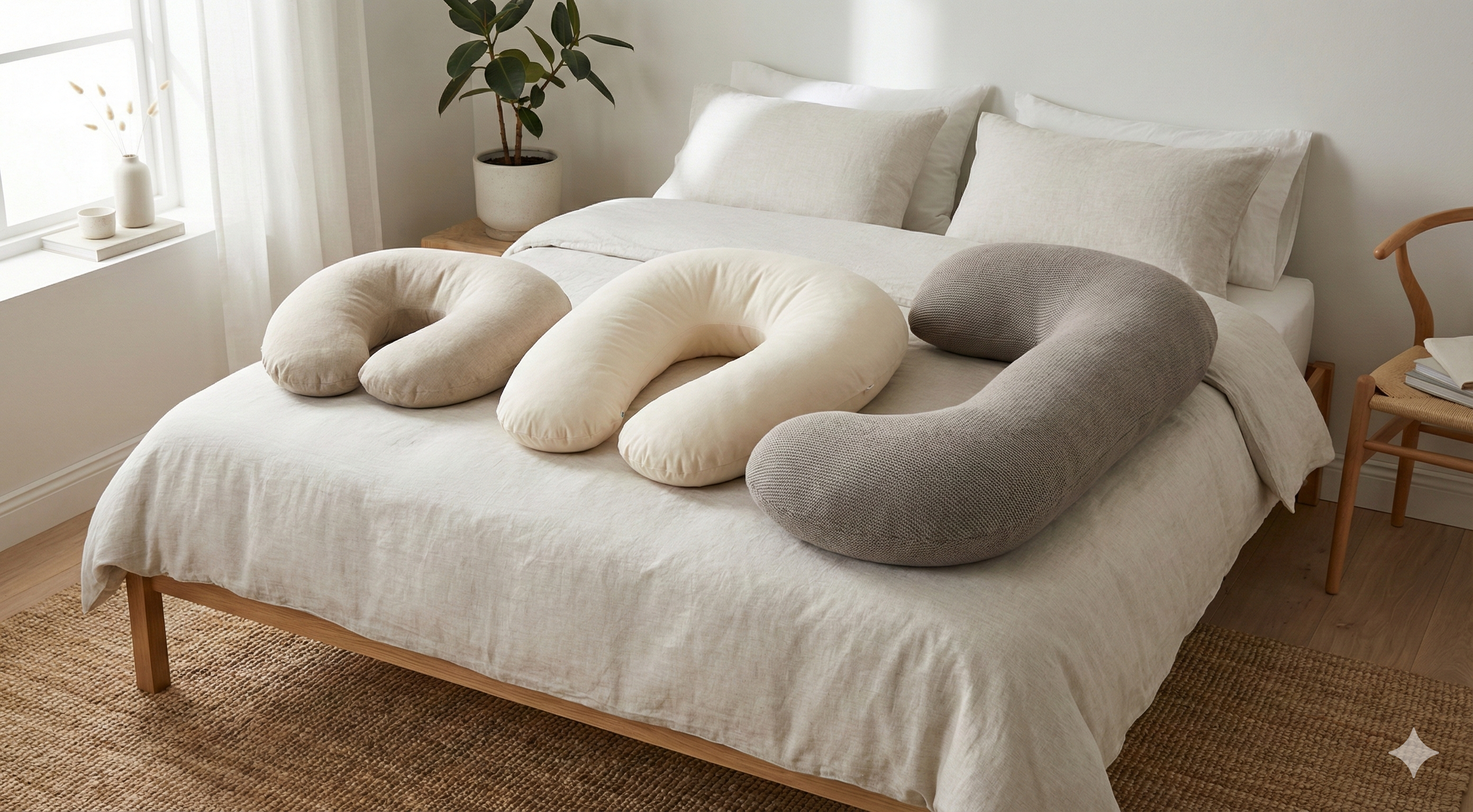 Poduszki ciążowe w r&oacute;żnych rozmiarach na ł&oacute;żku &ndash; por&oacute;wnanie długości i objętości